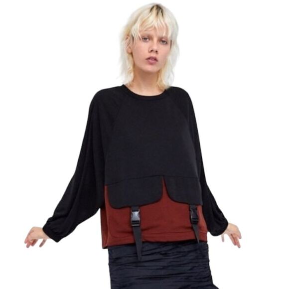 Zara Basic Black Red Color Block Long Sleeve Crewneck Shirt Size S - Picture 1 of 9